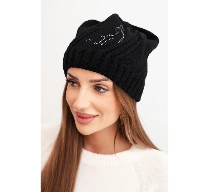 Dámská zimní čepice s vlnou a zdobením z džetů K480 černá
