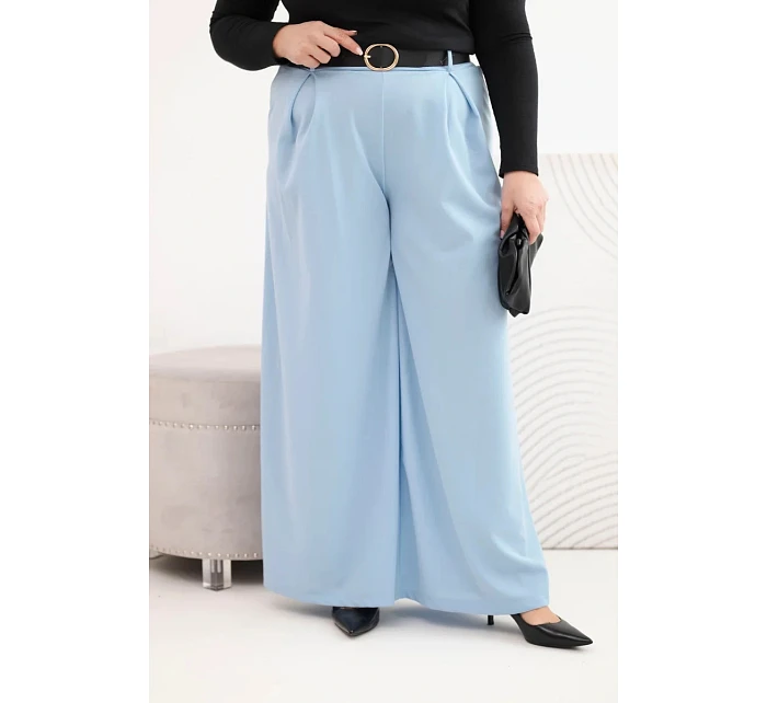 Dámské kalhoty Plus Size se širokou nohavicí a páskem modré