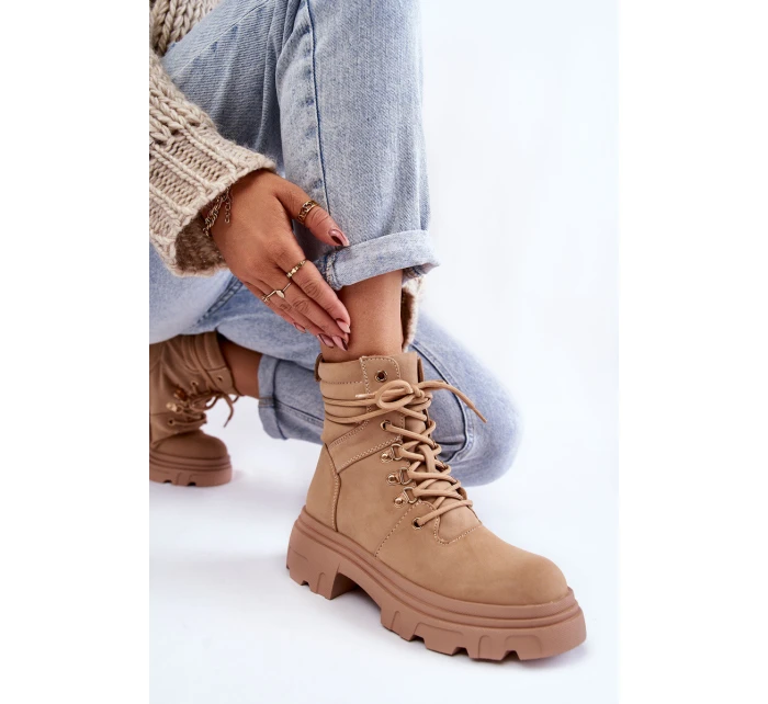 Kožené teplé šněrovací boty Béžové model 21603028 - EVENTO Kožené teplé šněrovací boty Béžové model 21603028 - EVENTO