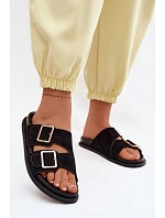 Dámské nazouváky z imitace semiše s zlatými přezkami Černé Selissea