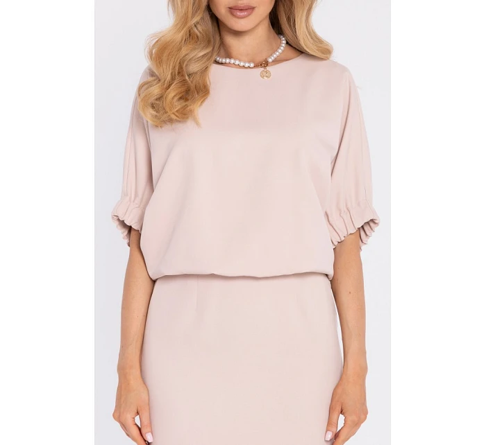 M904 Blůzové šaty s rozparkem na zádech - světle béžové