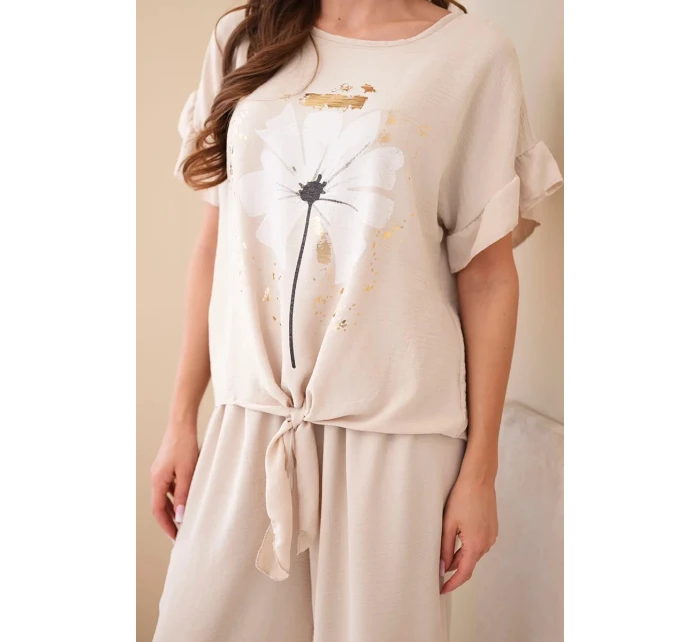 Dámský viskózový komplet s halenkou s potiskem a kalhotami béžový