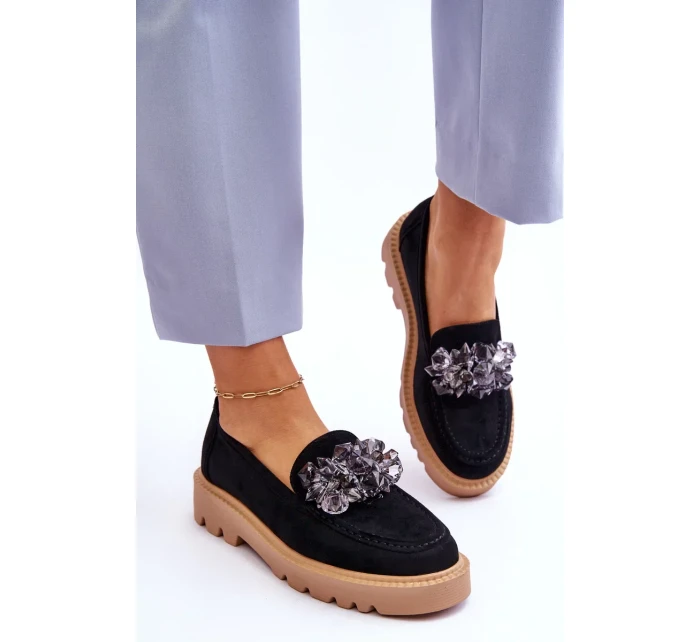 Módní semišové mokasíny s krystaly Černé Demeris