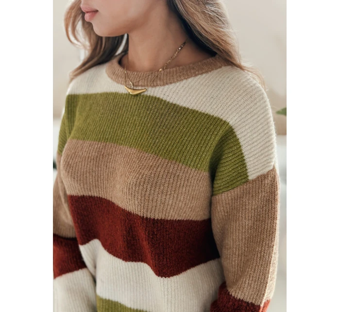 Dámský pruhovaný svetr CALVENA camel green FashionStreet MY2559