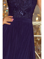Dlouhé tmavě modré dámské šaty bez rukávů s vyšívaným výstřihem model 6369438 - numoco