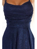 589-2 Dlouhé šaty s jemným třpytem a korzetovým zavazováním na zádech - tmavě modré s třpytkami