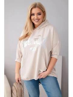 Dámská mikina plus size z viskózy s kapucí a klokaní kapsou béžová