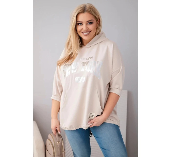 Dámská mikina plus size z viskózy s kapucí a klokaní kapsou béžová