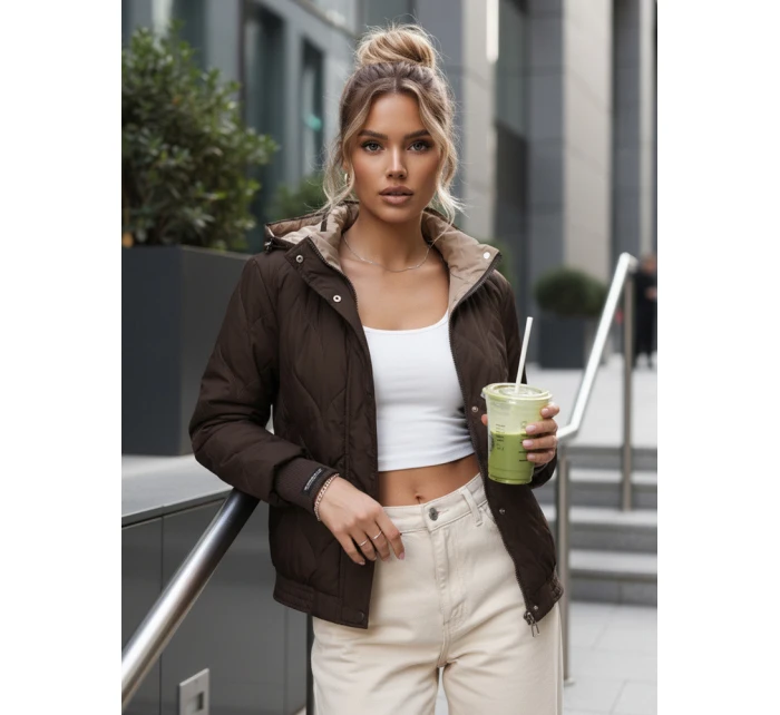 Dámská přechodná prošívaná bunda s kapucí hnědá FashionStreet TY5616