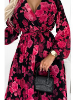 GEPPI - Černé dámské plisované midi šaty s výstřihem, dlouhými rukávy, páskem a se vzorem červených růží 458-1