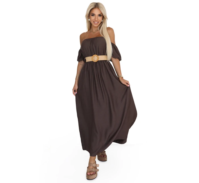 model 21229982 Maxi šaty v boho stylu s odhalenými rameny a páskem CHOCOLATE - numoco basic