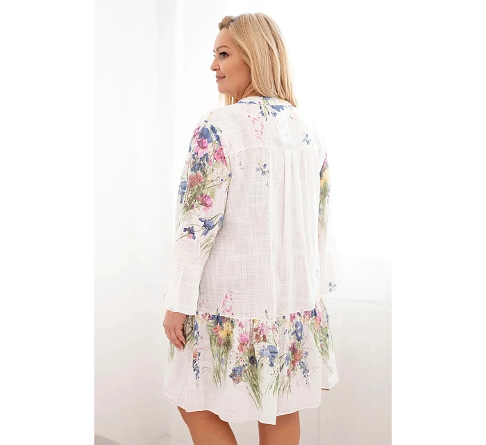 Dámské bavlněné šaty Plus Size s výstřihem do V a s knoflíky v květinovém vzoru bílá