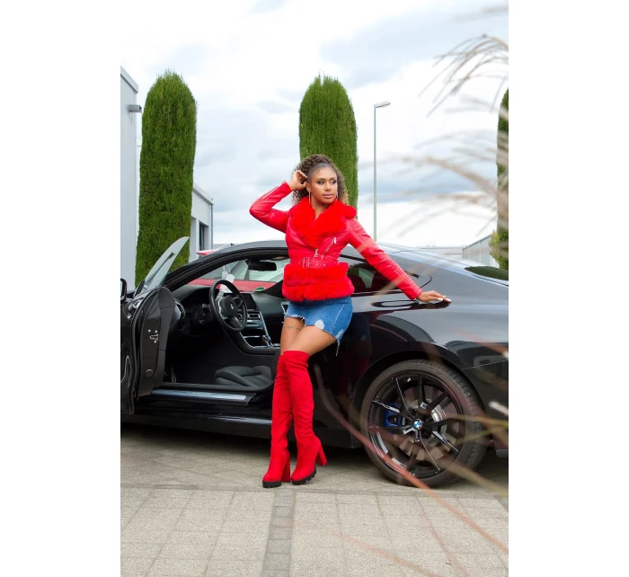 Dámská sexy kožená bunda s umělou kožešinou J930 Červená - In-Stylefashion