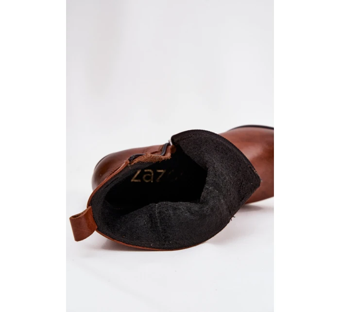 Kožené Kožené Kozačky Pro Ženy Na Podpatku Vyhřívané Zazoo 60565 Hnědé