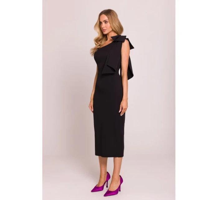 M847 Šaty na jedno rameno s mašlí - černé M847 Šaty na jedno rameno s mašlí - černé