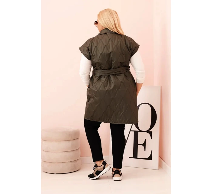 Dámská vesta Plus Size prošívaná s páskem a límcem khaki