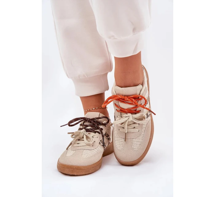 Dámské tenisky s dvojitým šněrováním – béžové s panterím vzorem