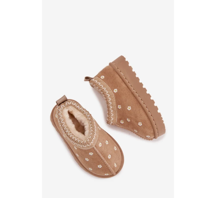 Dětské sněhule s květinami, zateplené kožíškem Palina – béžové