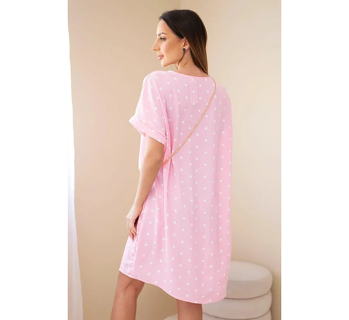 Dámské šaty s puntíky s krátkým rukávem a kabelkou bonbónově růžová Dámské šaty s puntíky s krátkým rukávem a kabelkou bonbónově růžová