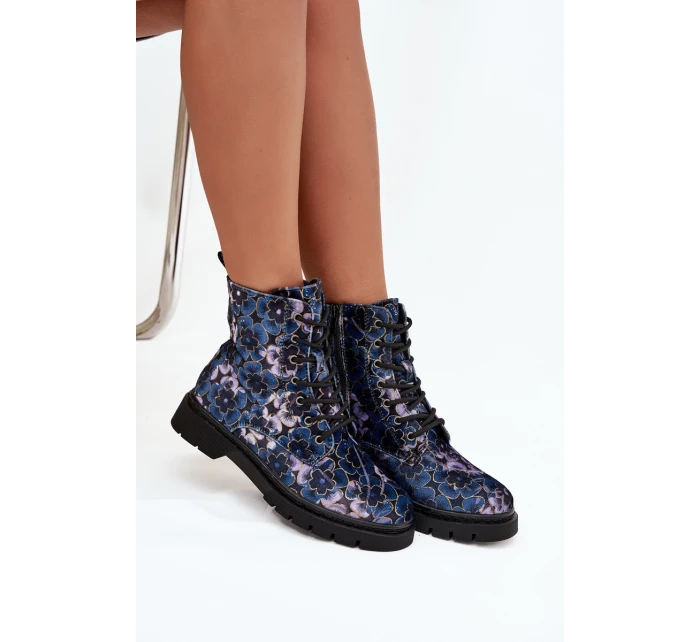 Dámské zateplené kotníkové boty 57C1052 Tmavě modrá vzor - Artiker