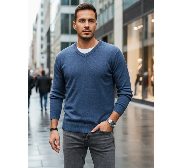 Pánský modrý svetr s výstřihem do V FashionStreet WX2317