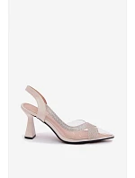 Průhledné sandály s kamínky na podpatku model 22095227 světle béžové - VINCEZA