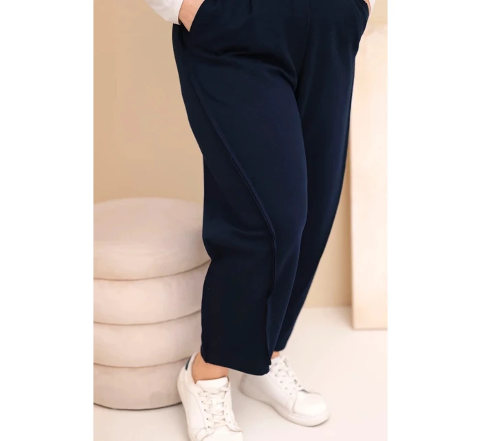 Dámské bavlněné kalhoty Plus Size volného střihu s vysokým pasem modré