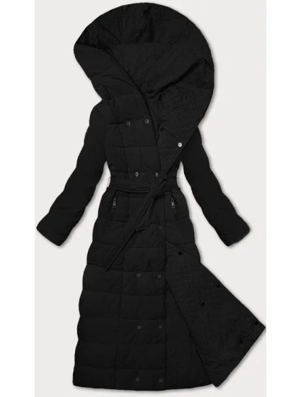 černý dámský kabát s páskem model 21248905 - STELLA FASHION černý dámský kabát s páskem model 21248905 - STELLA FASHION