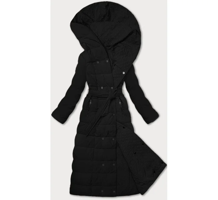 černý dámský kabát s páskem model 21248905 - STELLA FASHION černý dámský kabát s páskem model 21248905 - STELLA FASHION