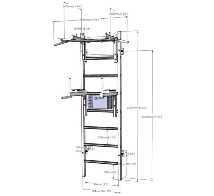 DŘEVĚNÝ KOVOVÝ GYMNASTICKÝ ŽEBŘÍK S HRAZDOU A PŘÍSLUŠENSTVÍM BENCHK 232W