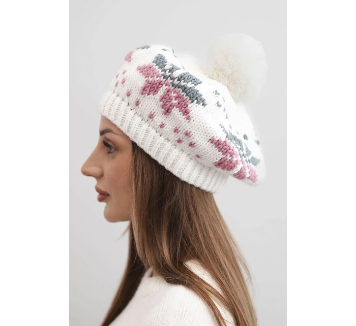 Dámská zimní čepice vlněná s motivem sněhových vloček a pomponem K457 bílá