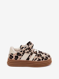 Dívčí tenisky s leopardím vzorem na suchý zip Béžové model 22220618 - Boto