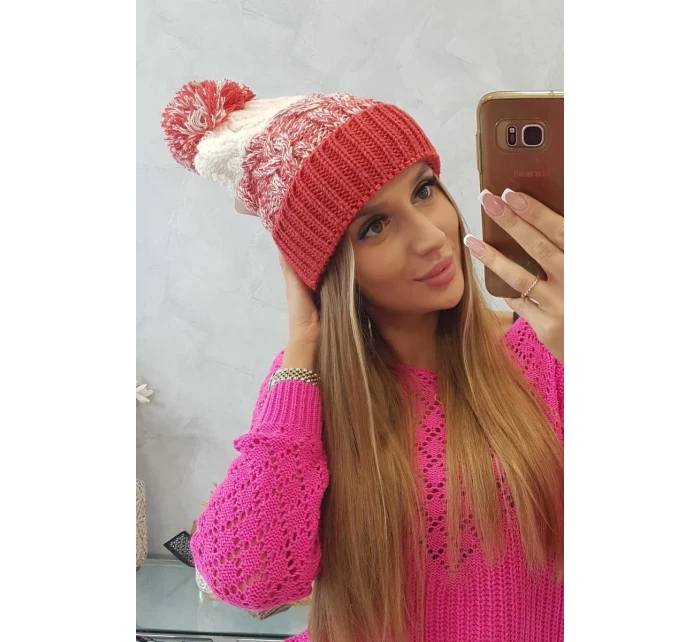 Dámská čepice s bambulí Abigail K326 raspberry+ecru Dámská čepice s bambulí Abigail K326 raspberry+ecru