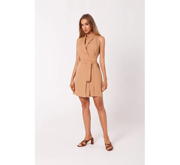 M747 Blejzrové šaty se zavazováním v pase - karamelové