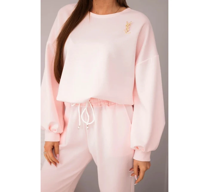 Dámský komplet máslová mikina s broží a kalhoty s rovnými nohavicemi pudrově růžová