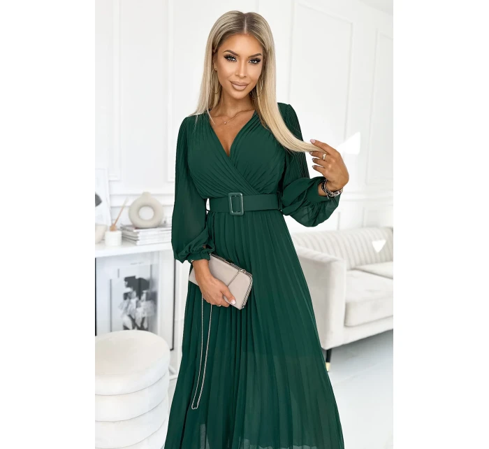 KLARA  zelené dámské šaty s výstřihem a opaskem model 21729070 - numoco basic