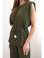 Dámský viskózový komplet s halenkou a širokými kalhotami khaki model 22048843 - K-Fashion