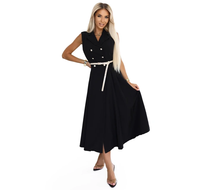 model 21212554 Elegantní midi košilka se zlatými knoflíky a páskem ČERNÁ - numoco basic