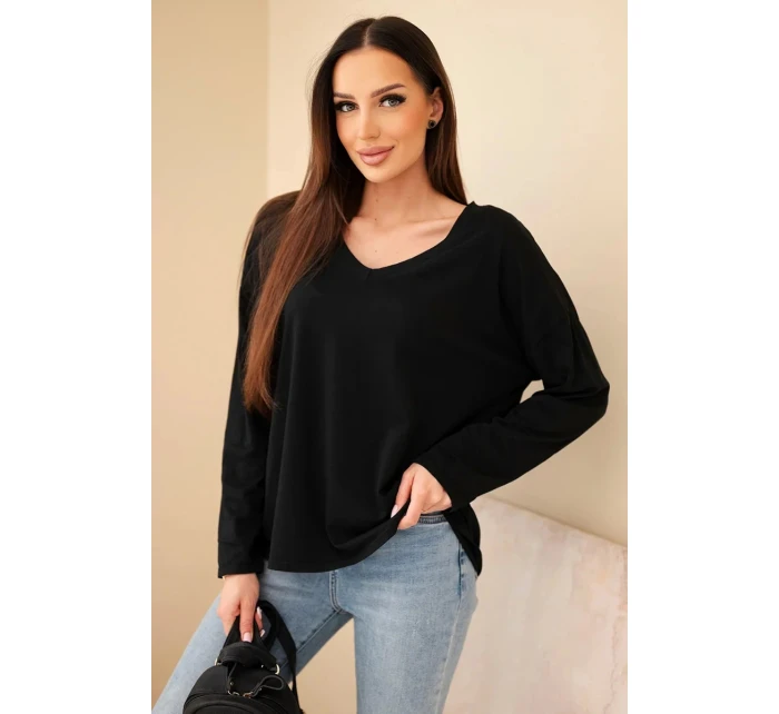 Dámská bavlněná blůza s výstřihem do V a dlouhým rukávem černá