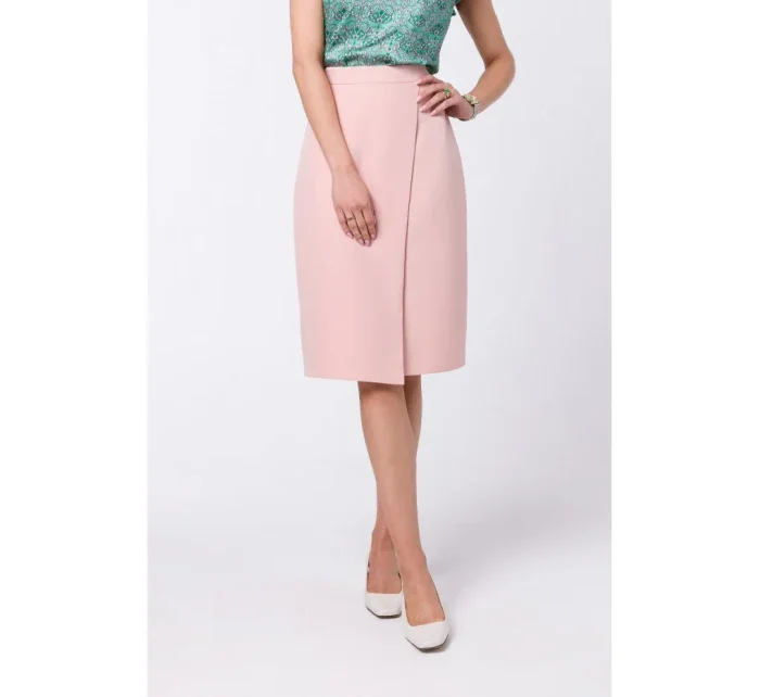 model 18360352 Sukně áčkového střihu se zavinovacími detaily pudrová - STYLOVE model 18360352 Sukně áčkového střihu se zavinovacími detaily pudrová - STYLOVE