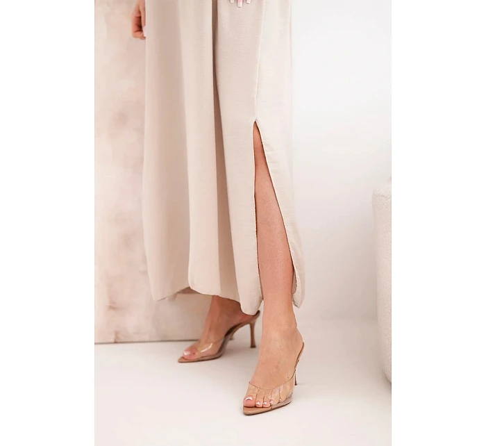 Dlouhé šaty bez ramínek tmavě béžová