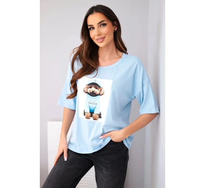 Dámská bavlněná oversize halenka s krátkým rukávem a potiskem modrá