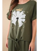 Dámský viskózový komplet s halenkou s potiskem a kalhotami khaki