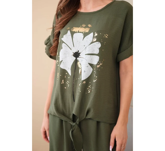 Dámský viskózový komplet s halenkou s potiskem a kalhotami khaki