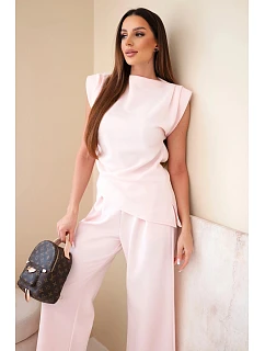 Komplet asymetrická halenka + kalhoty světle růžová