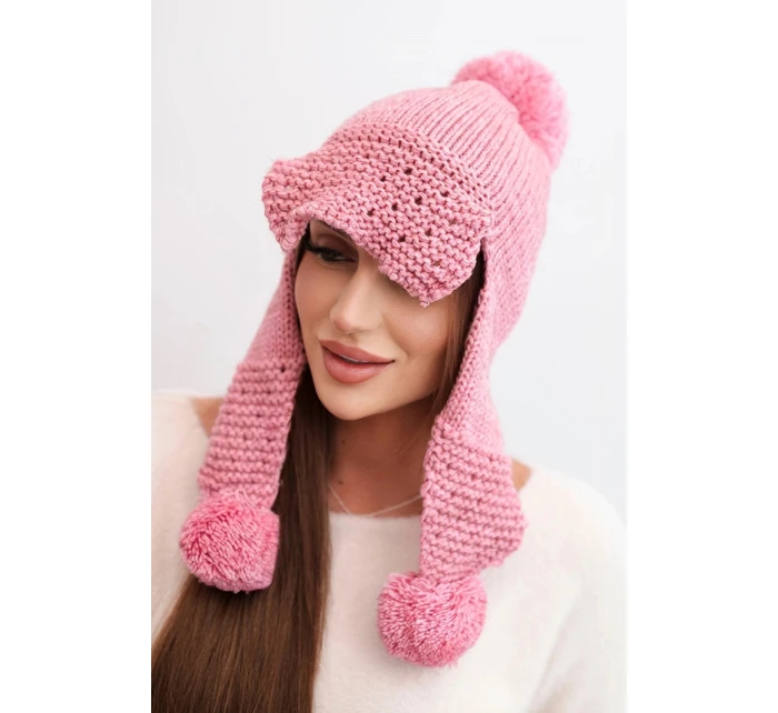 Dámská zimní čepice s vlnou a kšiltem a pompony K475 růžová Dámská zimní čepice s vlnou a kšiltem a pompony K475 růžová