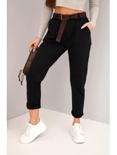 Dámské kalhoty bavlněné s páskem a ohrnutým lemem černé