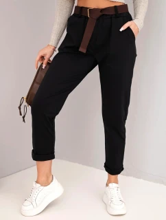 Dámské kalhoty bavlněné s páskem a ohrnutým lemem černé