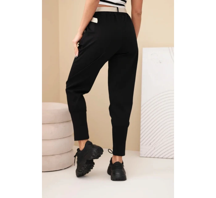 Dámské bavlněné kalhoty s vysokým pasem a opaskem černé