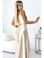 512-3 JULIET elegantní dlouhé saténové šaty s výstřihem a rozparkem na nohou - BEACH